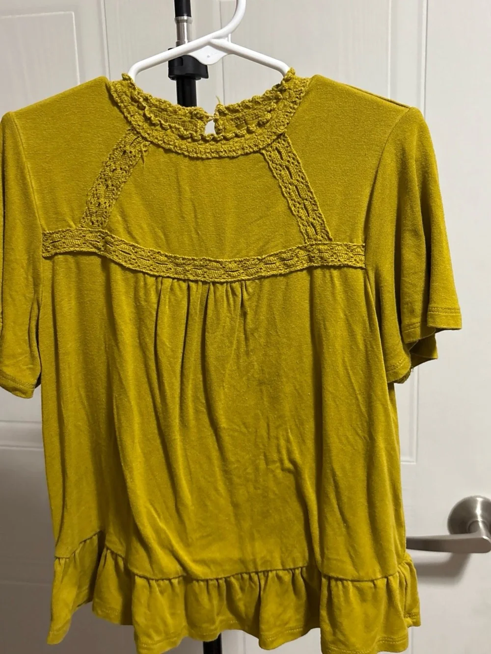 art class Mustard Yellow Crochet Yoke Flutter Sleeve Top